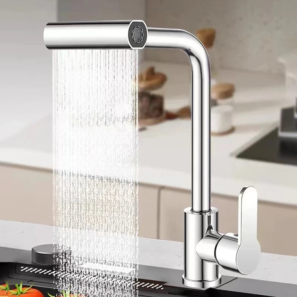 Torneira de cozinha cascata de 4 modos universal 360 ° Torneira giratória para pia montada em deck de furo único quente e frio de aço inoxidável com braço oscilante