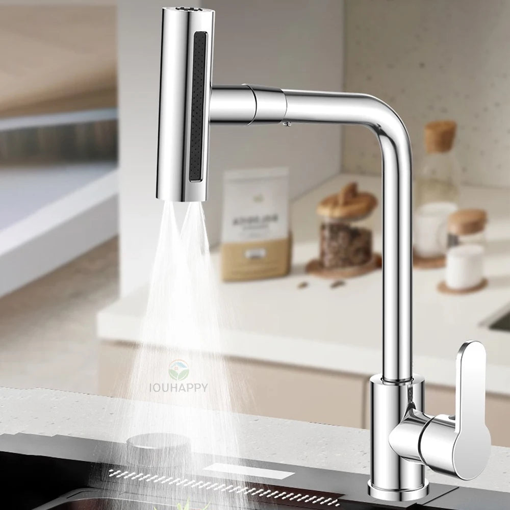 Torneira de cozinha cascata de 4 modos universal 360 ° Torneira giratória para pia montada em deck de furo único quente e frio de aço inoxidável com braço oscilante