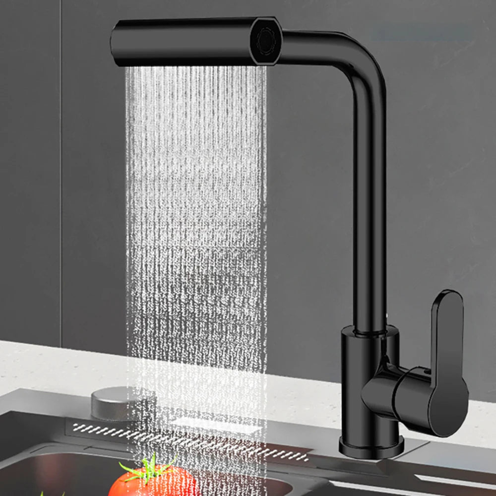 Torneira de cozinha cascata de 4 modos universal 360 ° Torneira giratória para pia montada em deck de furo único quente e frio de aço inoxidável com braço oscilante