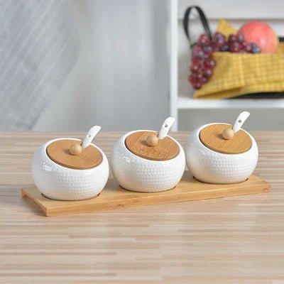 Conjunto Porta Temperos em Cerâmica com Base de Bambu Natural - Unique