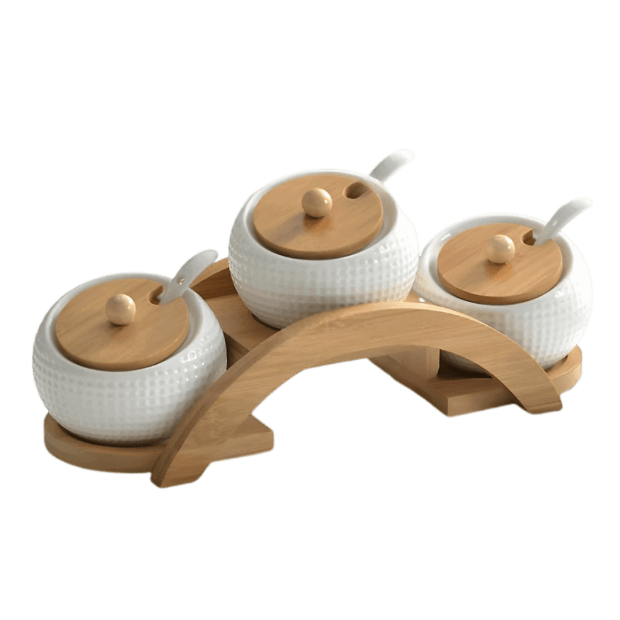 Conjunto Porta Temperos em Cerâmica com Base de Bambu Natural - Unique