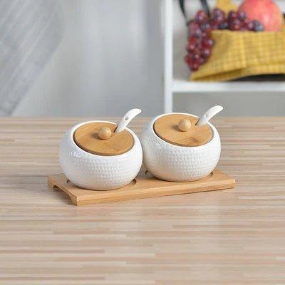 Conjunto Porta Temperos em Cerâmica com Base de Bambu Natural - Unique