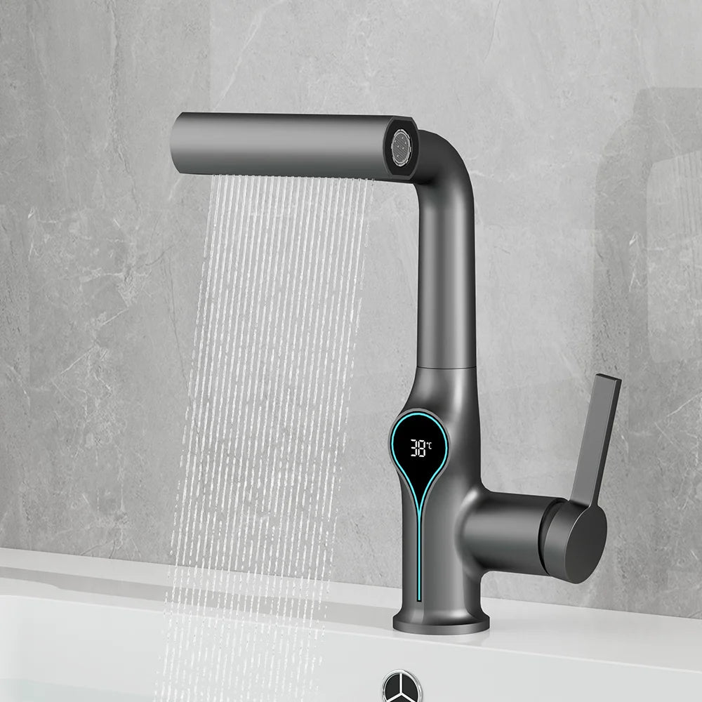 Cachoeira temperatura display digital torneira da bacia levantar para baixo fluxo pulverizador de água quente e fria pia misturador lavagem para banheiro