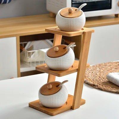 Conjunto Porta Temperos em Cerâmica com Base de Bambu Natural - Unique