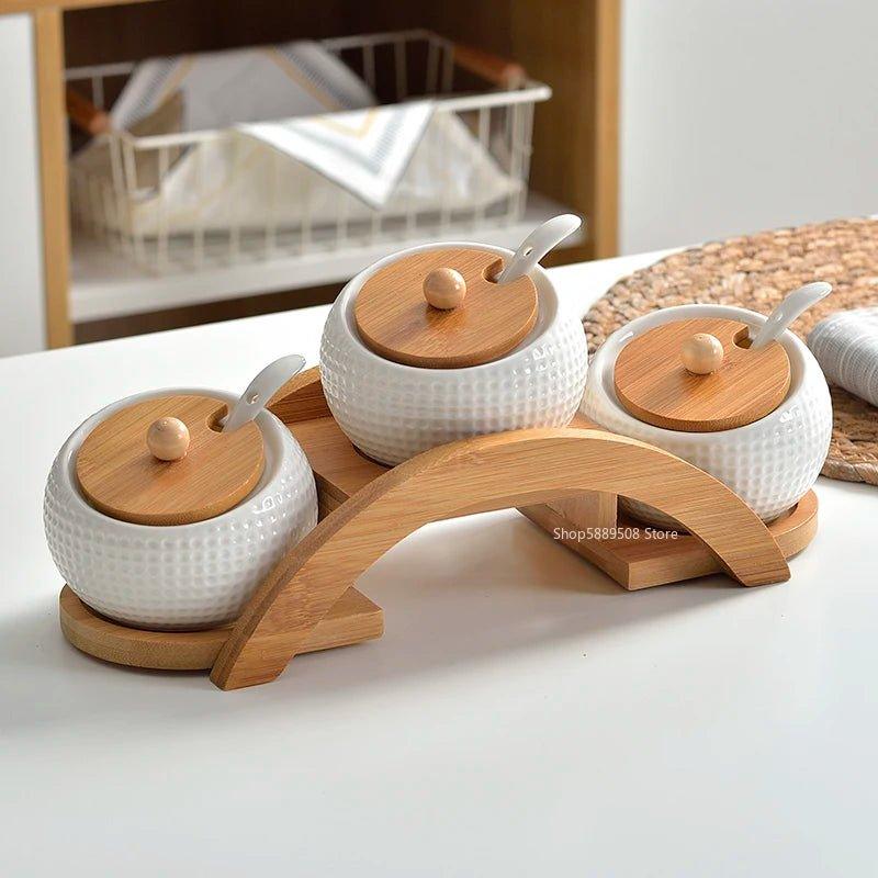 Conjunto Porta Temperos em Cerâmica com Base de Bambu Natural - Unique